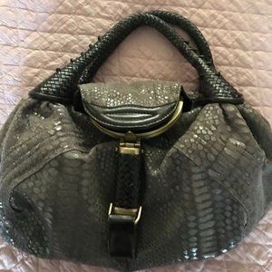 Y2K snake print bag with ornate braided-leather. Shiny brown/greyish brown.